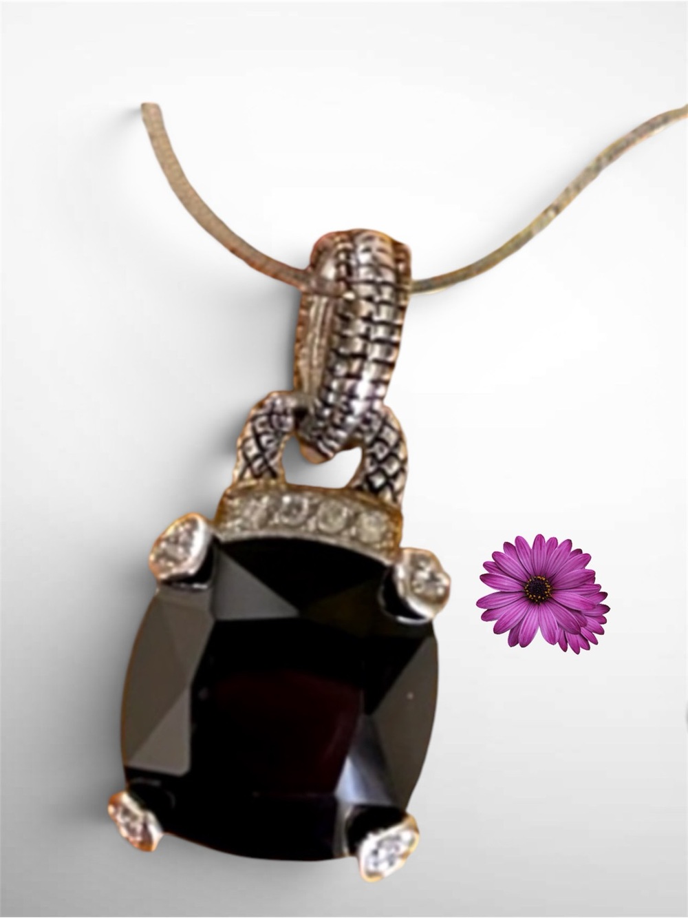 Stunning ~ 925 SS LARGE PENDANT ~ BLACK STONE W/CRYSTALS  Two Tone Color